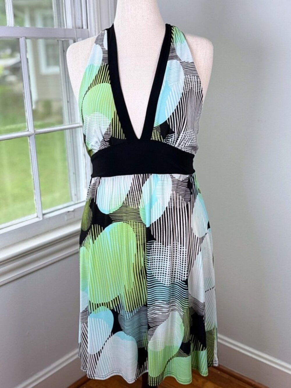 Y2K A List Wrapper Slinky Halter Dress Medium Black Green Wrap Tie Open Back